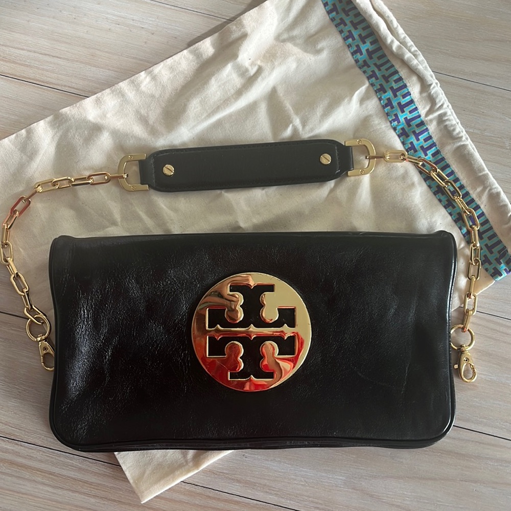 Black and gold Tory Burch logo envelope bag